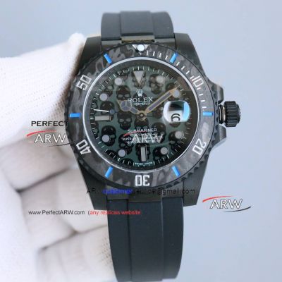 Swiss Replica Rolex Submariner Carbon Fiber Bezel Grey Black Skull Face 3135 Watch